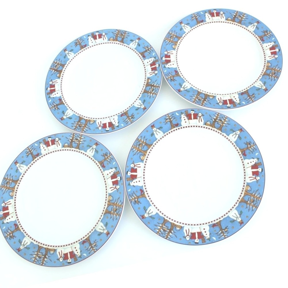 Sakura Debbie Mumm Snowman Dinner Plates Stoneware Blue White Set of 4 11.25" - Picture 3 of 8